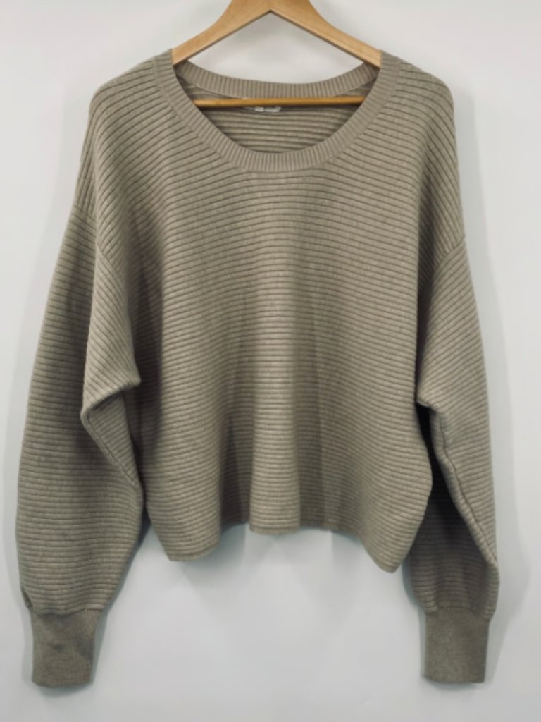 Nwot Good American Crewneck Ribbed Knit Sweater Long Sleeve Oatmeal Sz 1/S — image 2 of 8